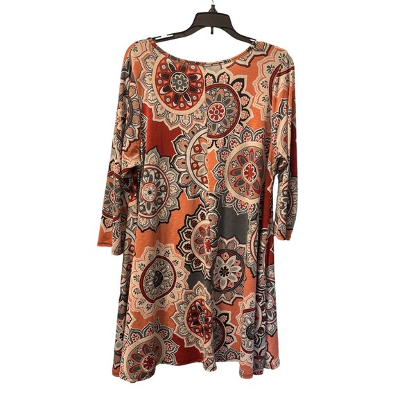 Boho-Chic 3/4 Sleeve Tunic Top By Hershe Sz L L Soft Mandala Print Orange & Gray - Picture 7 of 11